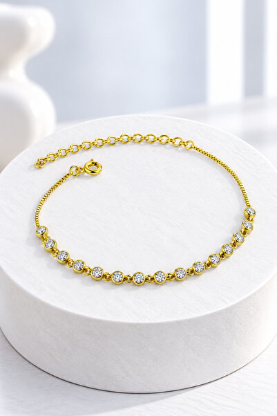 jelux silver Gümüş 925 Ayar Zirkon Taşlı Su Yolu Ayarlanabilir Gold Bileklik