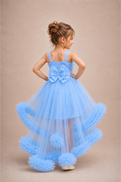 Atlas Kids Girl's Princess Tail Dream Tulle Blue Evening Dress – Custom Design – Wedding & Birthday & Prom