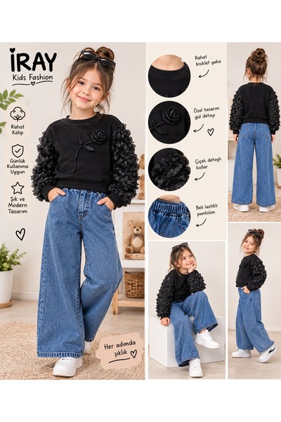 nazarbebe Girl's Rose Detailed Sweatshirt and Wide Leg Jeans Set Black – Ages...