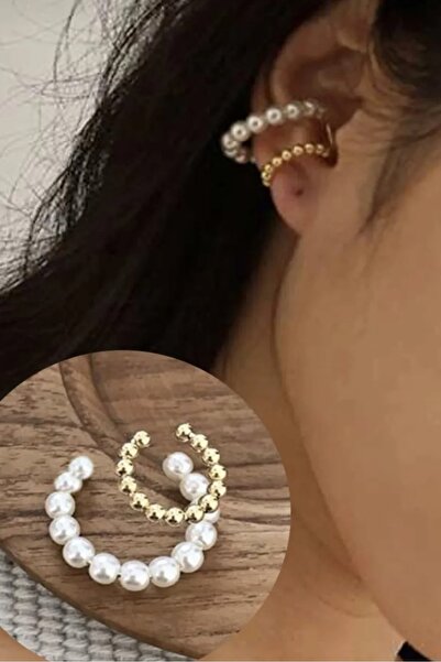 fullcontrol Kadın Gold Toplu İncili 2 li Kıkırdak Küpe KUP001 Beyaz 1 mm Kalı...