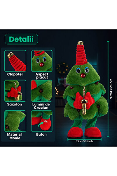 Timebox Brad de Crăciun animat care cântă dansează și repetă, figurină decorativă 35cm Verde