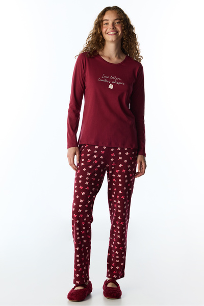 Penti Bordo Letters Kuş Desenli Uzun Kollu Pantolon Pijama Takımı