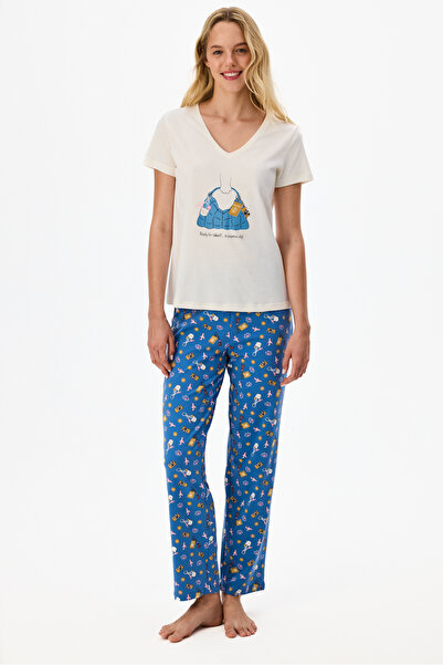 Penti Mavi Pajamas Only Aksesuar Desenli Pantolon Kısa Kollu Pijama Takımı