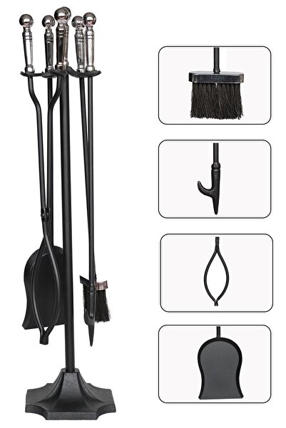 SOMINECO 5 Li Lüx Ithal Gümüş Döküm Topuz Başlıklı Şömine-soba Maşa Takımı Aksesuar Seti Ss-005gs