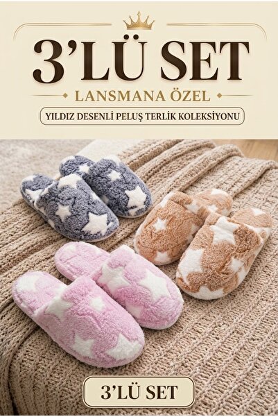 StWenn 3'lü Paket Ev Terliği Çeyiz Terliği Kışlık Terlik Ses Yapmaz Hafif Tab...