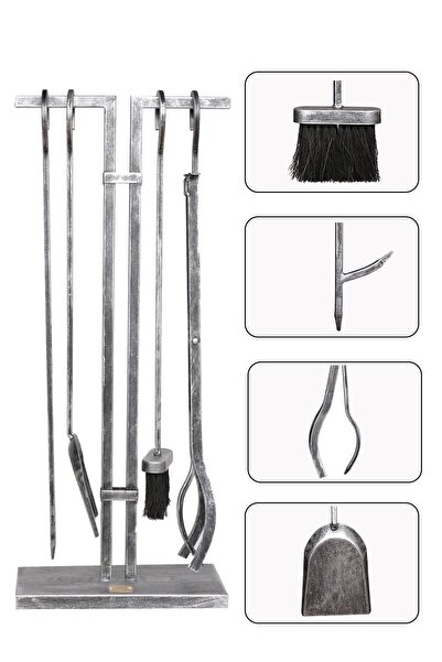 SOMINECO 5 Li Lüx Ithal Antik Gümüş Patinalı Şömine-Soba Maşa Takımı Aksesuar Seti -SGS-018