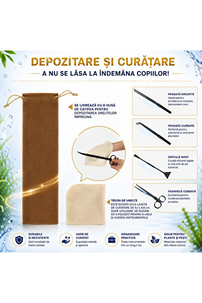 Sofia Concept Kit de curatare acvariu, Sofia CONCEPT®, 4 piese, oțel inoxidabil, geantă de depozitare, negru