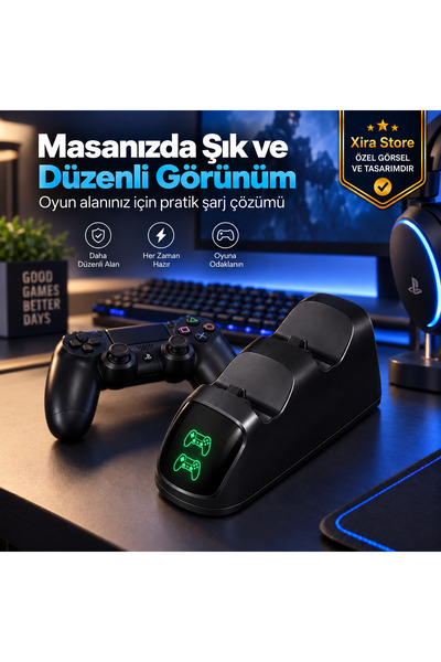 XİRA LED Göstergeli Çiftli Ps 4 Dualshock Joystick Oyun Kolu 2li Şarj Standı İstasyonu PS4 Pro PS4 Slim