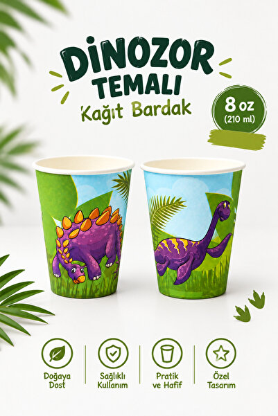 Karton Bardak 8 Oz 50 Adet Dinozor Desenli Parti Bardağı