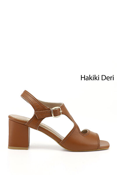 GÖNDERİ(R) Kadın Taba Kalın Topuklu Arkası Açık Hakiki Deri Sandalet