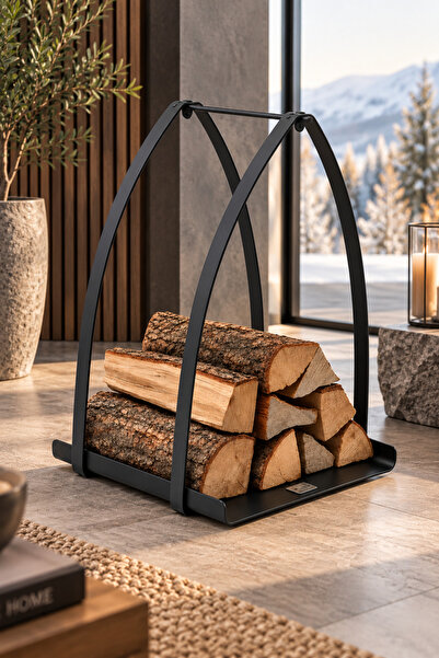 SOMINECO Modern Siyah Taşınabilir Saplı Metal Şömine Odunluk Standı – 36×35×48 cm – Dekoratif ve Dayanıklı