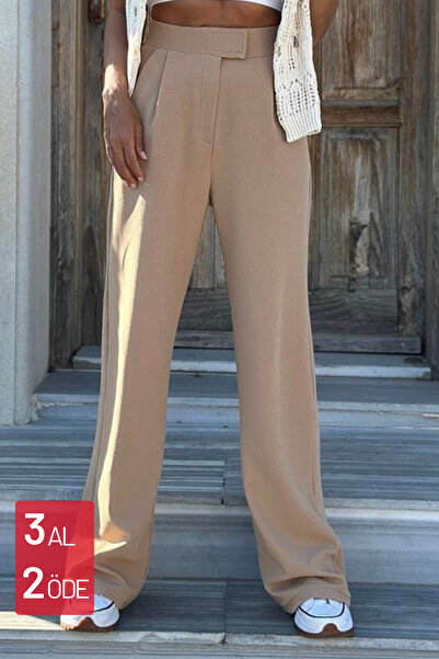 noov Women's Lycra Velcro Closure Zr Crepe Palazzo Trousers 6016 Beige