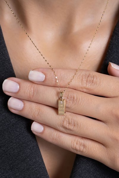 Bayar Gold 14 Ayar Altın Taşlı Külçe Kolye 1,5 cm