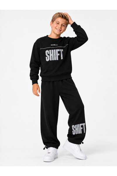 SERPİL Erkek Çocuk Siyah SHIFT Baskılı Bisiklet Yaka Sweatshirt ve Bol Paça E...