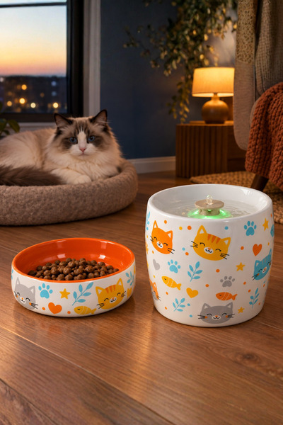 Pawicci Kedi Köpek Su Pınarı ve Mama Su Kabı 2'li Set Porselen Otomatik Filtreli Seramik Sebil 1.3 L LED Işıklı
