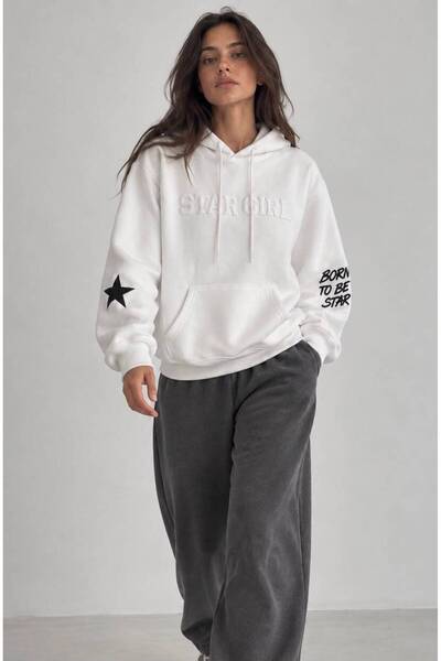 Elbikom Stargirl Yazılı %100 Pamuk Hoodie Beyaz