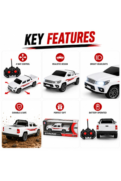Toysea 1:16 Scale Strong RC Pickup Truck, 4 Function Remote Control Car with Headlights