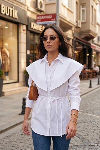 Lela Pamuklu Pelerin Detaylı Regular Fit Uzun Kollu Gömlek Kadın GÖMLEK 6774128