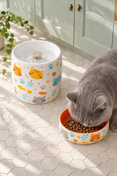 Pawicci Kedi Köpek Su Pınarı ve Mama Su Kabı 2'li Set Porselen Otomatik Filtreli Seramik Sebil 1.3 L LED Işıklı