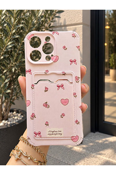 OVADA İphone 15 Pro Max Uyumlu Kamera Korumalı Kartlıklı Kalp Çiçek Desenli T...