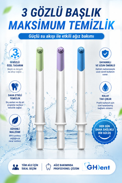 GHDENT GH15 Yedek Başlık 3’lü Set - 3 Gözlü Masaj Etkili Başlık - BPA Free & FDA Kriterlerine Uygun