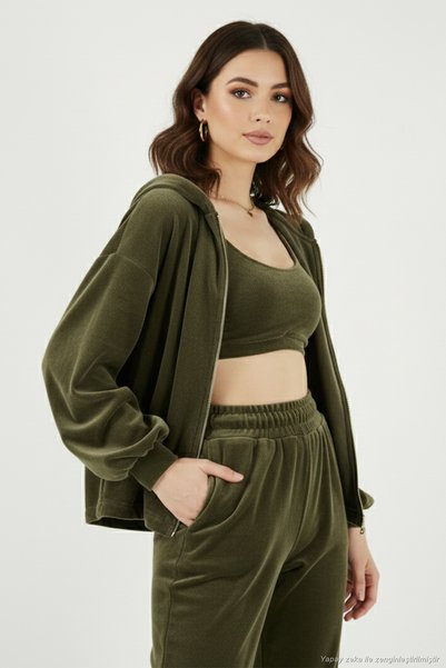 Lela Pamuklu Regular Fit Kapüşonlu Kadife Dokulu 3'lü Takım Kadın TAKIM 6830097