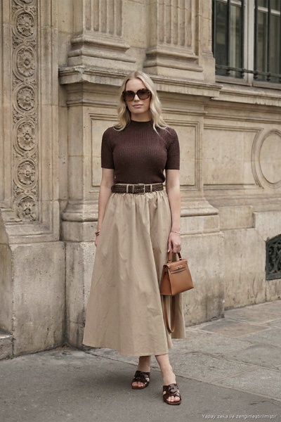 Lela Cotton Relaxed Fit Elastic Waist Belt Detailed Midi Length Skirt Women's...