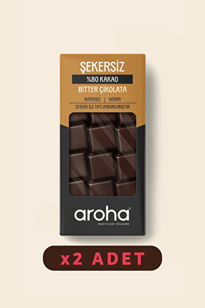 AROHA %80 Kakao Şekersiz Bitter Çikolata Stevialı 2'li Paket (80 G X 2 Adet)