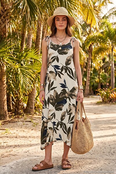 Lela Rochie midi cu model, croială oversize, cu bretele cu șnur, decolteu rot...