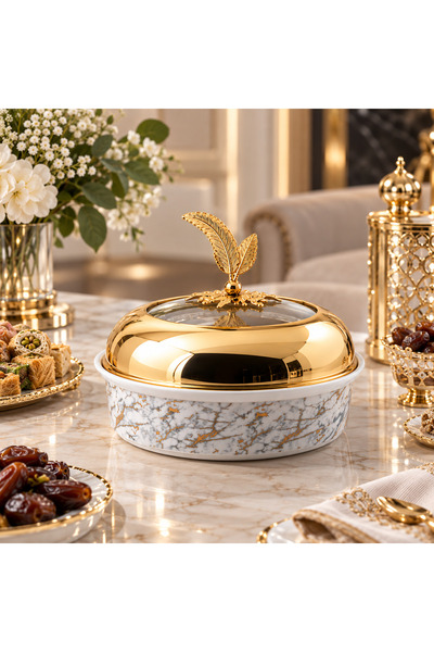 Dania A pure white porcelain serving plate with a gold engraving and a gold m...