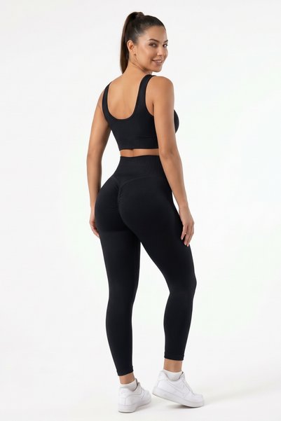 Womenmade Women's Black Seamless Push up Gathering Sports Leggings and Bustier Set - Yoga Pilates
