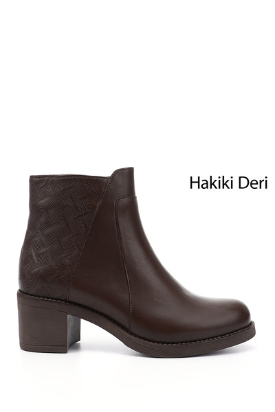 GÖNDERİ(R) Kadın Kahve Antik Fermuarlı Kalın Topuklu Hakiki Deri Bot