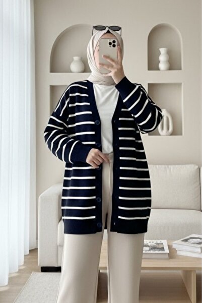 Modamorfo Striped Buttoned V-Neck Knitwear Cardigan - Navy