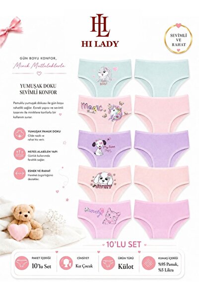 Hilady Kız Çocuk Külot, 10'lu Paket, Pamuklu Soft Renkler, Kız Çocuk Külot