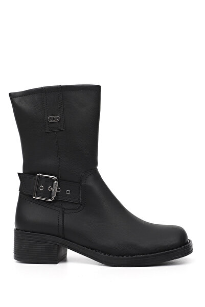 GÖNDERİ(R) Women's Black Zippered Blunt Toe Thick Heeled Biker Boots