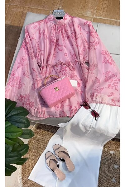 Trend Paris Zarif Çiçek Desenli Kuşak Detaylı Modal Tül Bluz Açık Pembe