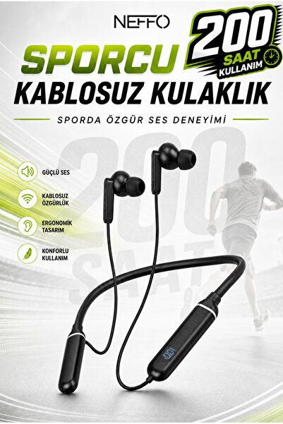 NEFFO Boyun Askılı Kablosuz Dijital Göstergeli Bluetooth Sporcu Kulaklığı Saa...