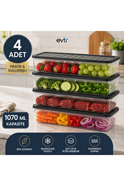 EVTR 4 Adet Şeffaf Saklama Kabı Seti 1170 ml – Kapaklı Buzdolabı Düzenleyici,...