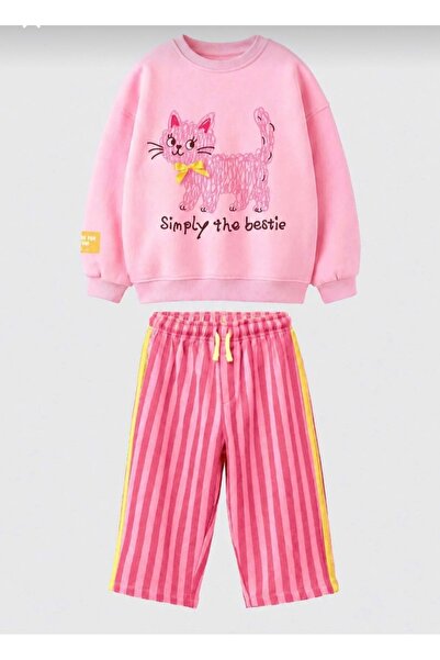 LİAR.GİYİM Kız Çocuk 2'li Eşofman Takımı Pembe Sweatshirt Çizgili Pantolon Gü...