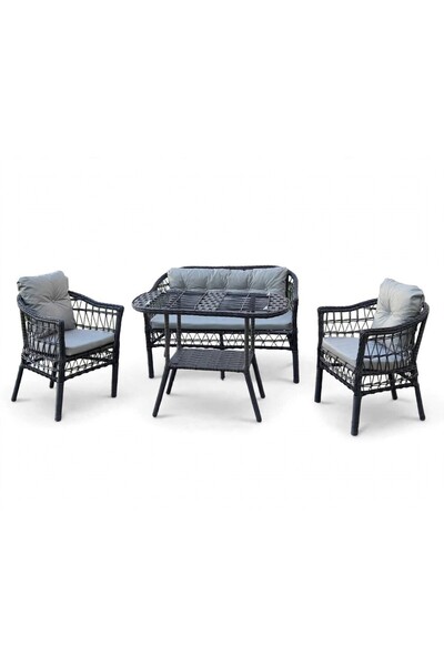 Alle Garden Mini Çay Seti 4 Kişilik AÇIK Örgü Rattan Balkon Takımı Masalı Bah...