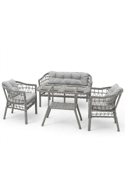 Alle Garden Mini Çay Seti 4 Kişilik AÇIK Örgü Rattan Balkon Takımı Masalı Bah...