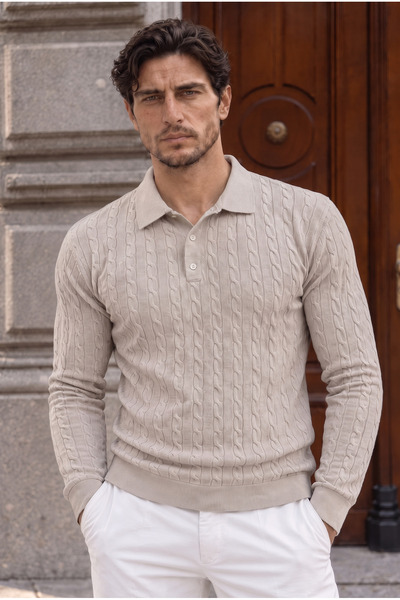Valiberta Kieslowski Thin Knit Polo Collar Buttoned Men's Sweater - Stone