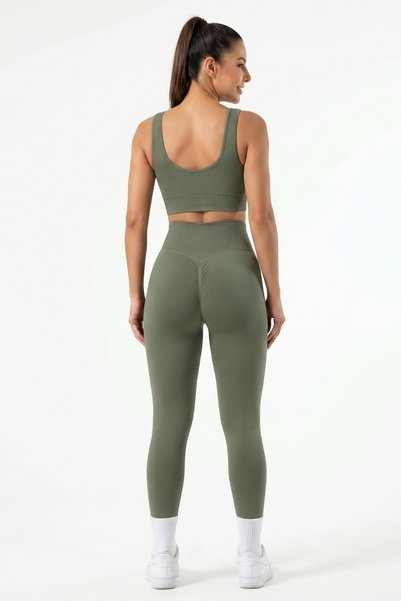 Womenmade Women's Khaki Green Color Seamless Sports Bustier and Push up Gathering Sports Leggings Set