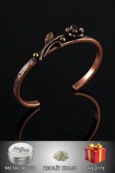 OSMANLI GÜMÜŞ Women's Copper Bracelet - Flower Model Thin Metal Box and Natur...
