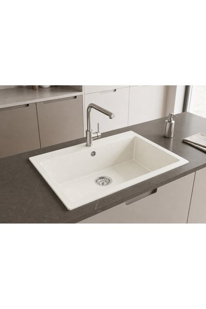 GÜNEY ANKASTRE RealStone K003 DIDYMA 77 77×53 cm Beyaz Granit Evye + Tekli Sifon ve Montaj Takımı Seti