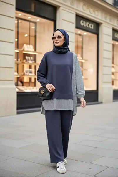 Aselim Hijap Moda Line Shirt Double Suit Set Anthracite Gray