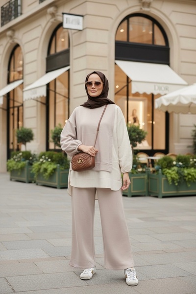 Aselim Hijap Moda Çizgili Gömlek Detaylı Tunikli İkili Takım | Cepli Bol Paça...