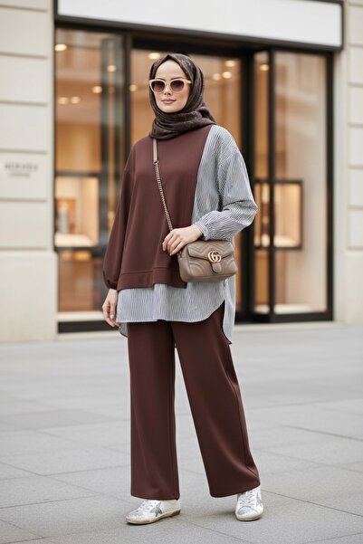 Aselim Hijap Moda طقم من قطعتين، تونيك بتفاصيل قميص مخطط وبنطلون واسع الساقين...