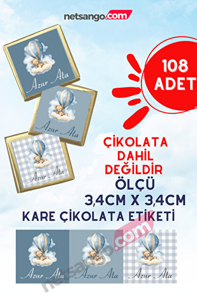 Netsan Etiket Bulut Ayıcık Mavi 108 Adet 3,4cm Kare İsme Özel Çikolata Etiket...