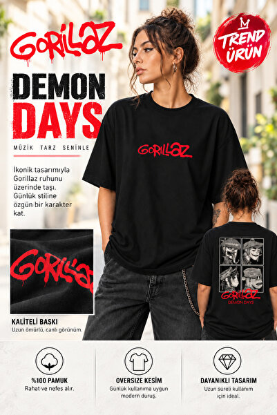 FG KONNİCHİWA تي شيرت Gorillaz Demon Days مطبوع باللون الأسود للجنسين - تي شي...